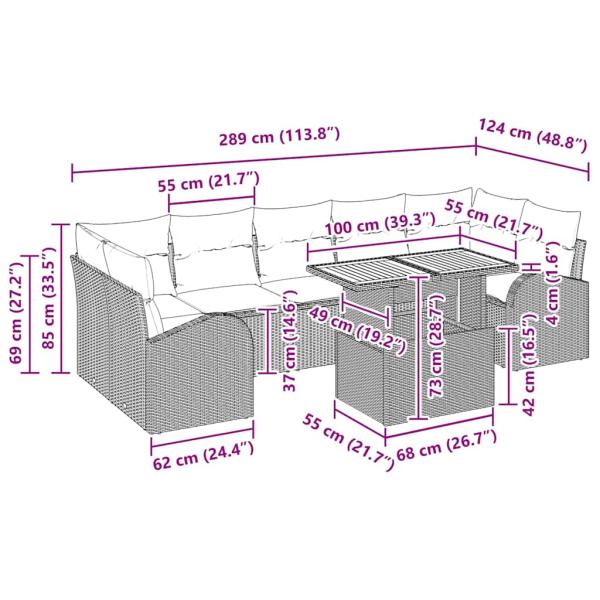 Garten-Sofa-Set 8 Teile Grau, Braun Rattan, Polyester, Glas
