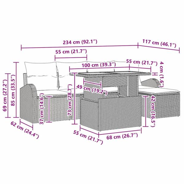 Garten Sofa Set 6-teilig Grau Rattan Outdoor Essenset