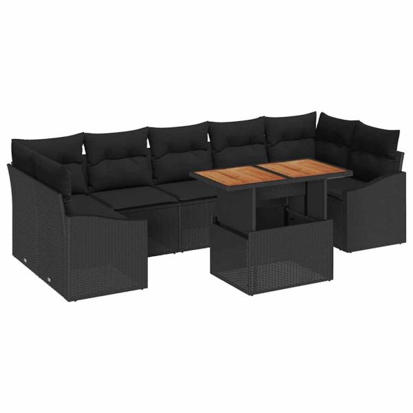 Garten-Sofa-Set 8-teilig Schwarz Rattan, Holz Garten-Sofa-Set