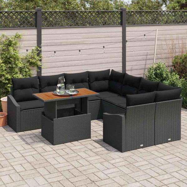 Garten Sofa Set 9-teilig Schwarz Poly Rattan, Stahl Garten Sofa