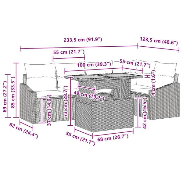 Garten-Sofa-Set Set aus 6 Schwarz Poly-Rattan, Glas