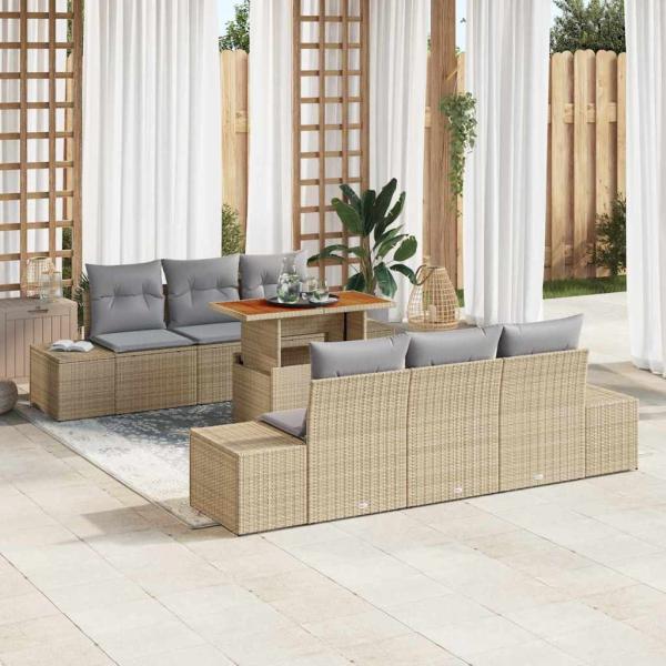 ARDEBO.de - Garten Sofa Set 7-teilig Beige Rattan Outdoor Tisch Rechteckig