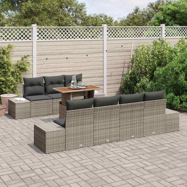 Garten-Sofa-Set Set aus 8 Teilen Grau Rattan, Glas, Holz, Metall