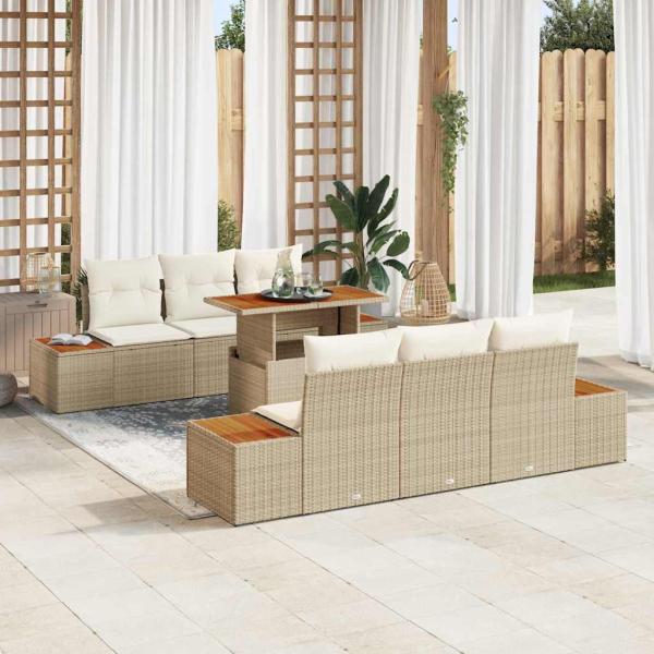 ARDEBO.de - Garten Sofa Set 7-teilig Beige Rattan Garten Essgruppe