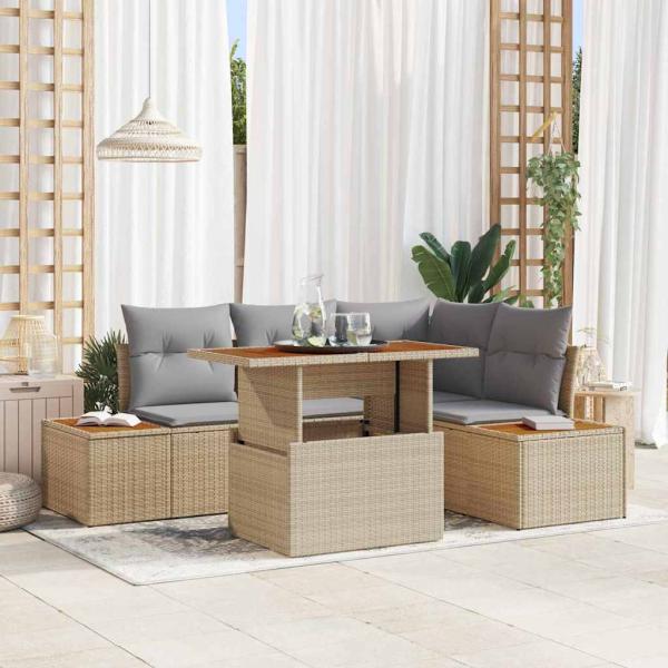 ARDEBO.de - Garten-Sofa-Set 5 Teile Beige und Grau Rattan und Polyesterkissen