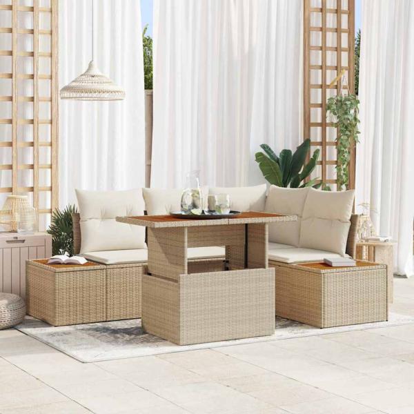 ARDEBO.de - Garten Sofa Set 5-teilig Beige Rattan Garten Ecksofa Rechteckig