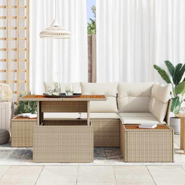 Garten Sofa Set 5-teilig Beige Rattan Garten Ecksofa Rechteckig