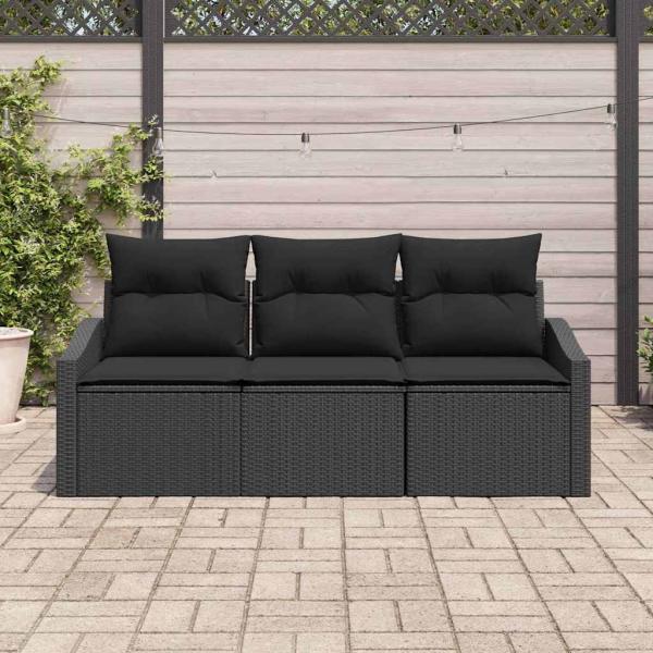 Garten-Sofa-Set 3-teilig Schwarz Rattan, Stoff Outdoor-Sofa