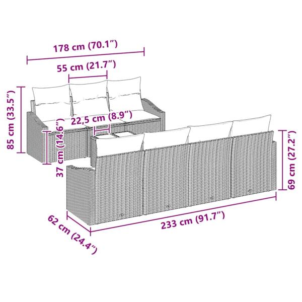 Garten Sofa Set 8-teilig Creme und Braun Rattan, Stoffkissen