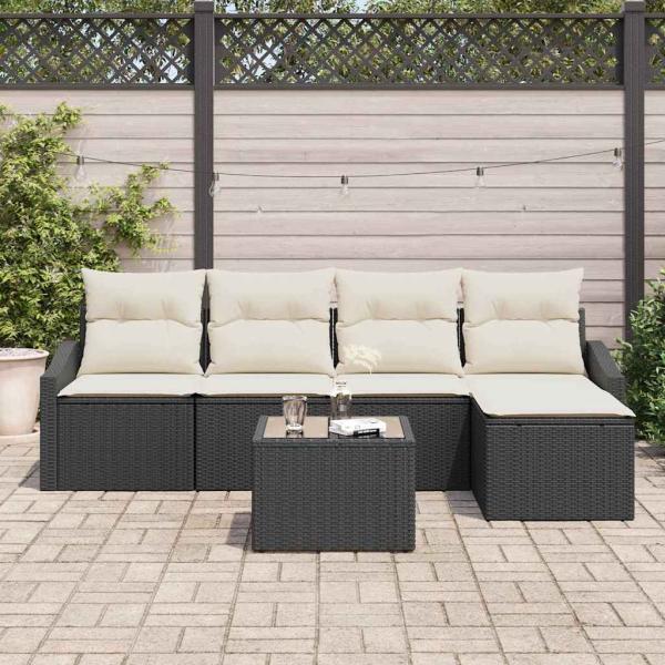 Garten Sofa Set 6-teilig Schwarz Rattan Outdoor Sofa Rechteckig