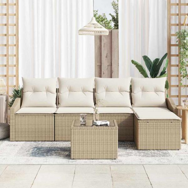 Garten-Sofaset 6-teilig Beige Rattan und Polyester Gartenmöbel