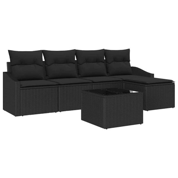 Garten-Sofa-Set 6 Teile Schwarz Rattan, Polyester, Stahl