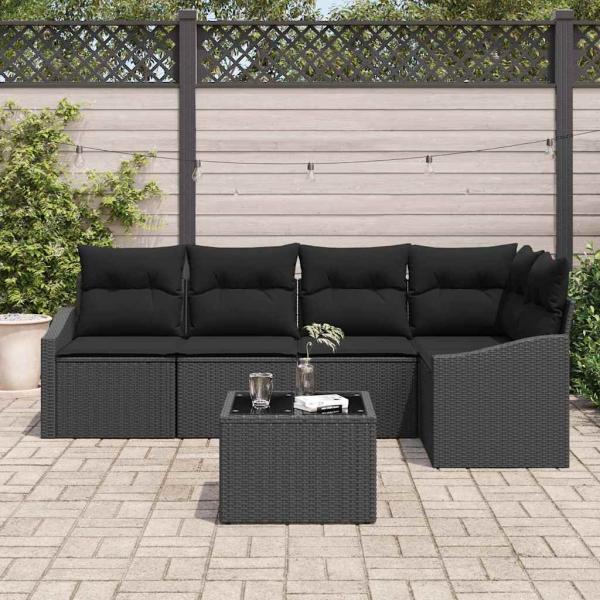 Garten Sofa Set 6-teilig Schwarz Rattan, Polyester, Schaumstoff