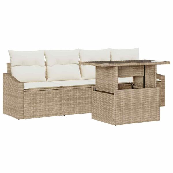 Garten-Sofa-Set 5-teilig Beige Rattan, Kissenstoff