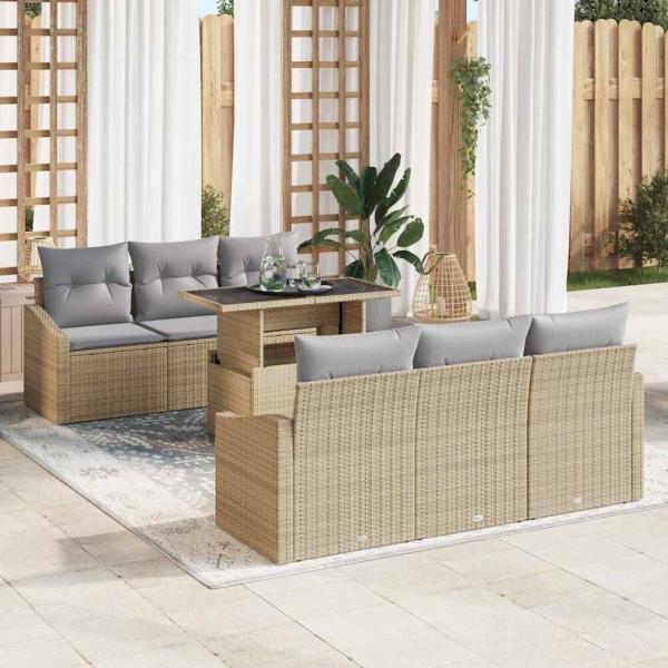 ARDEBO.de - Garten-Sofa-Set 7-teilig Beige und Grau Rattan, Stahlrahmen