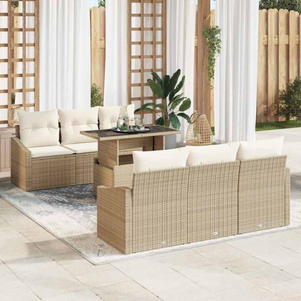 ARDEBO.de - Garten-Sofaset 7-teiliges Set Beige Poly-Rattan und Polyester