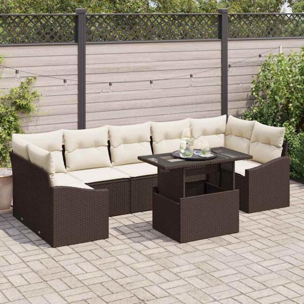 ARDEBO.de - Garten-Sofa-Set 8-teilig Braun und Creme Rattan und Polyester