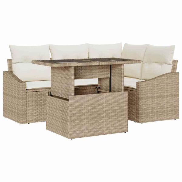 Garten-Sofa-Set 5-teilig Beige Poly-Rattan, Glas Garten-Ecksofa