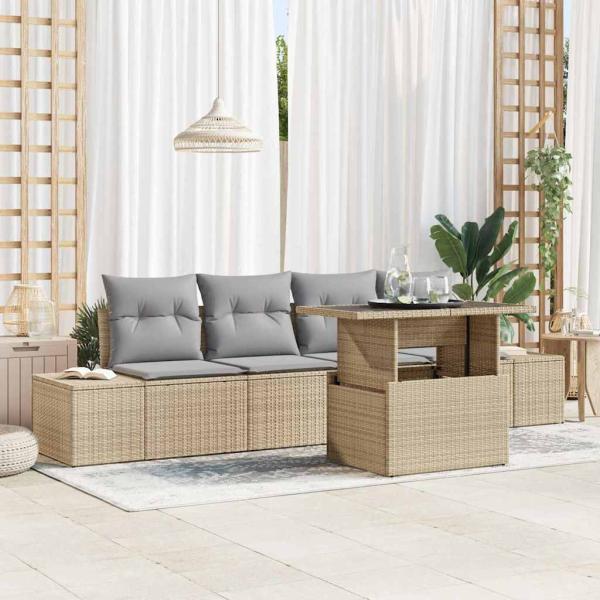 ARDEBO.de - Garten-Sofa-Set Set von 5 Beige, Grau Poly-Rattan, Stahl, Polyester
