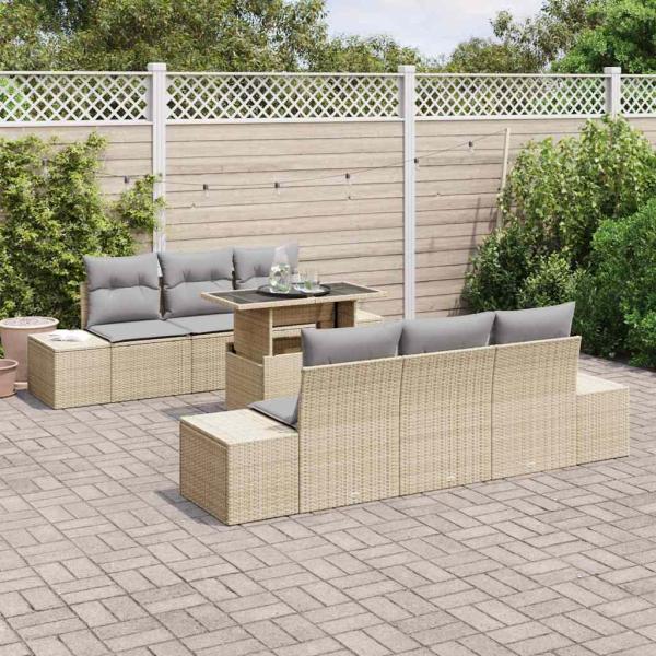 Garten-Sofa-Set 7-teilig Beige, Grau Rattan, Polyester