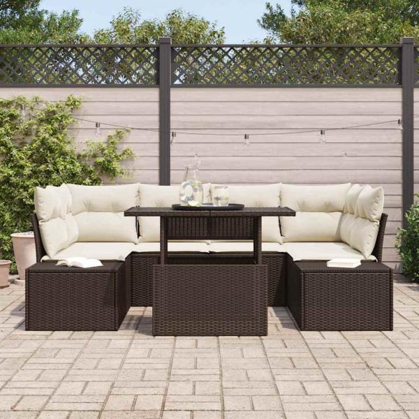 Garten-Sofa-Set 7-teilig Braun, Creme Rattan, Stoff