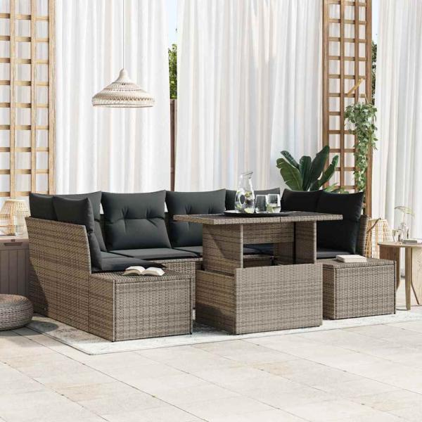 ARDEBO.de - Garten Sofa Set 7-teilig Grau Rattan und Polyester