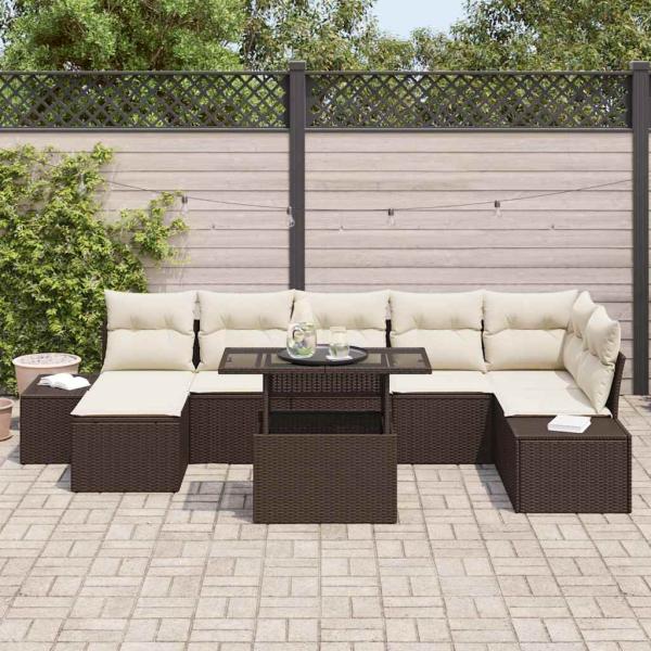 8-teiliges Garten Sofa Set Braun Poly Rattan, Stoff, Stahl