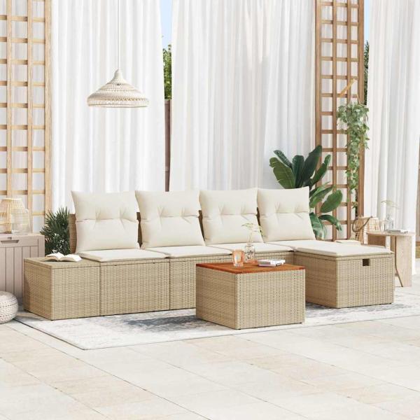 ARDEBO.de - Garten Sofa Set 6 Teile Beige Rattan, Polyester, Stahl