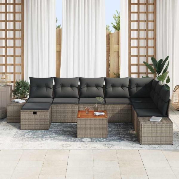 ARDEBO.de - Garten-Sofa-Set 9 Teile Grau, Schwarz Rattan, Stoff, Stahl