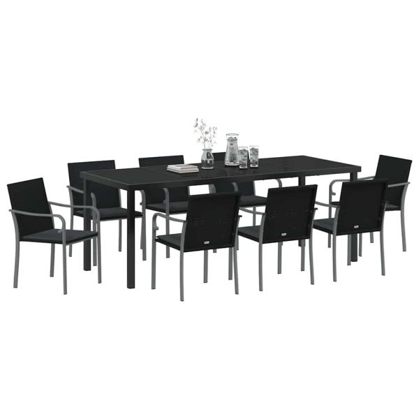 ARDEBO.de - 9-teiliges Garten-Ess-Set mit Kissen Schwarz Poly Rattan