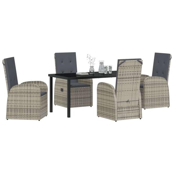 5-teiliges Garten-Esszimmer-Set mit Kissen Grau Poly Rattan