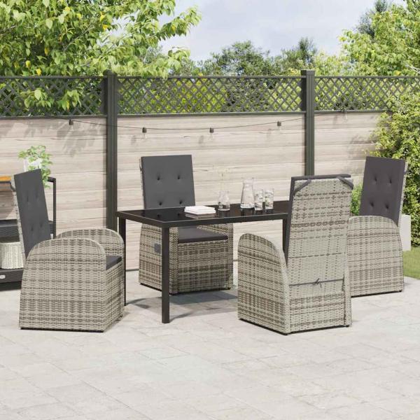 5-teiliges Garten-Esszimmer-Set mit Kissen Grau Poly Rattan