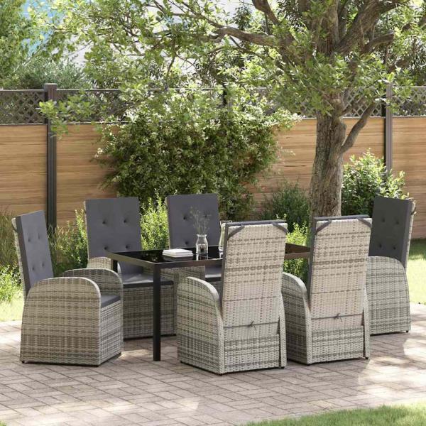 ARDEBO.de - 7-teiliges Garten-Esszimmer Set mit Kissen Grau Poly Rattan