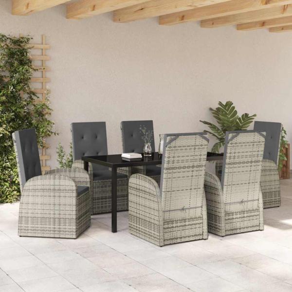 7-teiliges Garten-Esszimmer Set mit Kissen Grau Poly Rattan