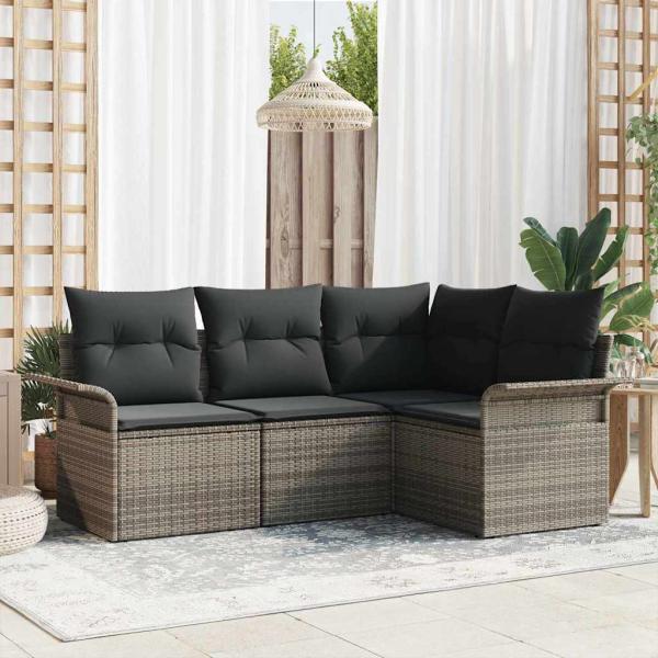 ARDEBO.de - Garten Sofa Set 4-teilig Grau Polyesterkissen und Rattanbasis