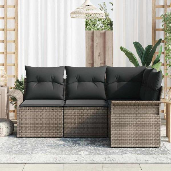 Garten Sofa Set 4-teilig Grau Polyesterkissen und Rattanbasis