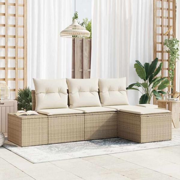 ARDEBO.de - Garten Sofa Set Set von 4 Beige und Creme Rattan, Polyester Kissen