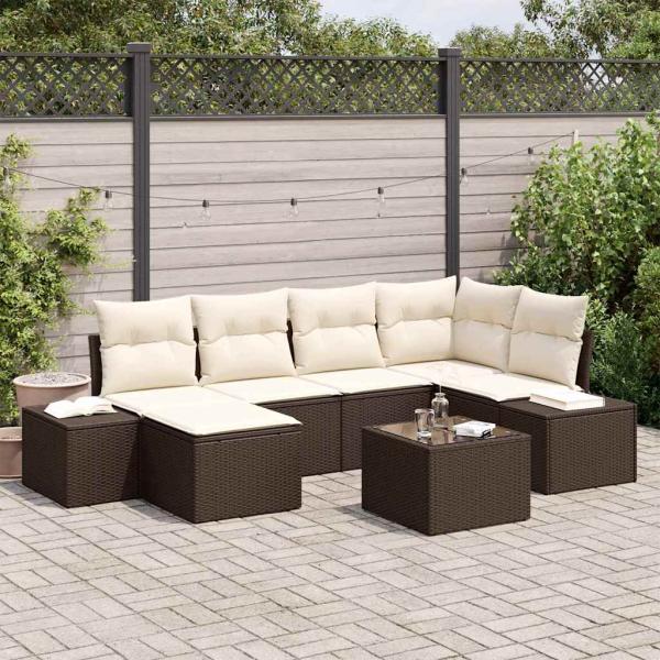 ARDEBO.de - Garten Sofa Set 7 Teile Braun und Creme Rattan und Stoff