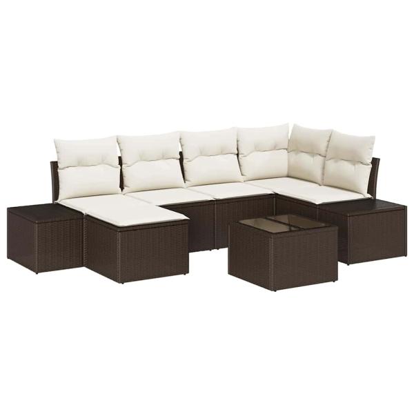 Garten Sofa Set 7 Teile Braun und Creme Rattan und Stoff