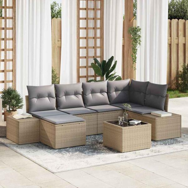 ARDEBO.de - Garten Sofa Set 7-teilig Beige und Grau Rattan, Polyester