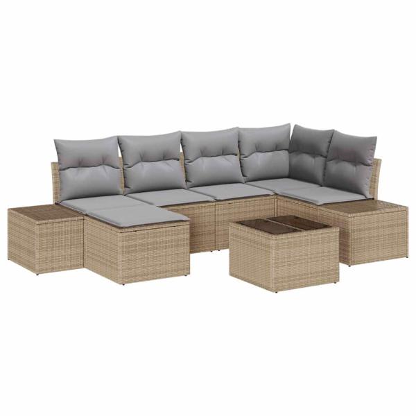 Garten Sofa Set 7-teilig Beige und Grau Rattan, Polyester