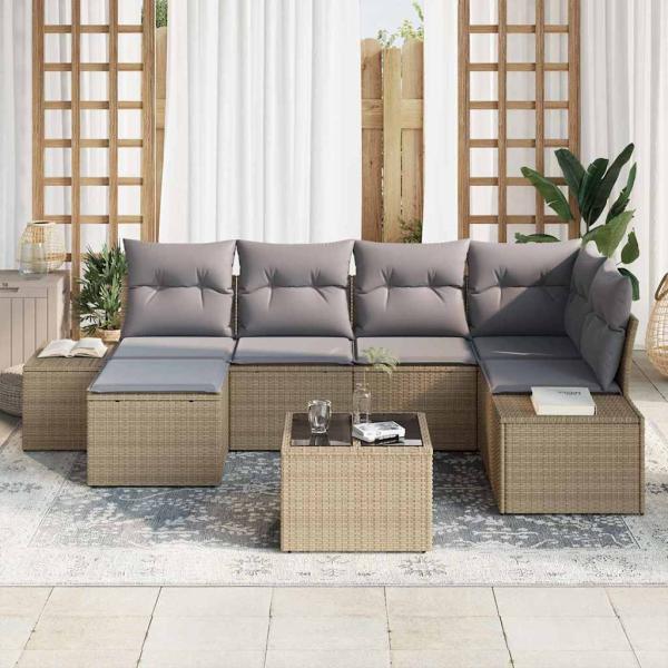 Garten Sofa Set 7-teilig Beige und Grau Rattan, Polyester