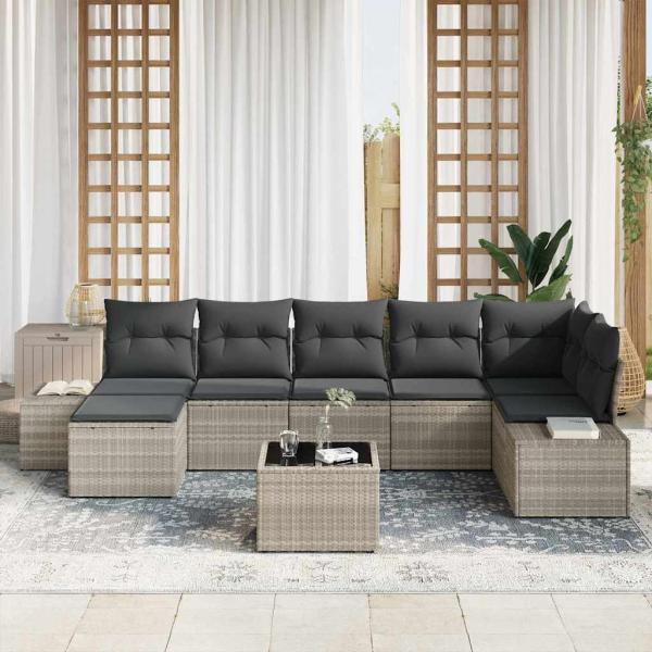 Garten-Sofa-Set 8-teilig Hellgrau Rattan, Polyester