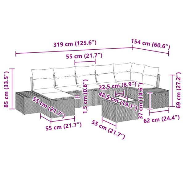 Garten-Sofa-Set 8-teilig Schwarz Rattan, Polyester, Stahl