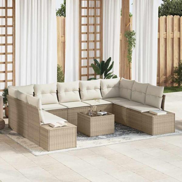 ARDEBO.de - Garten Sofa Set 10-teilig Beige und Creme Rattan, Stoff