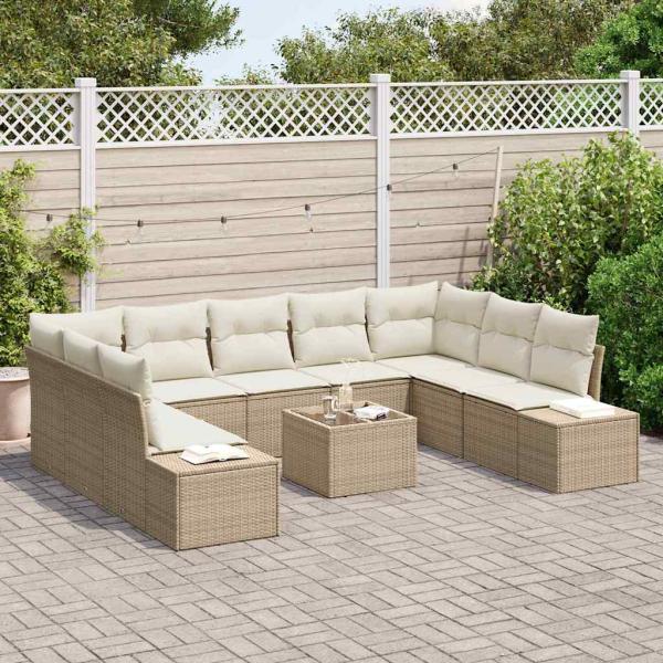 Garten Sofa Set 10-teilig Beige und Creme Rattan, Stoff