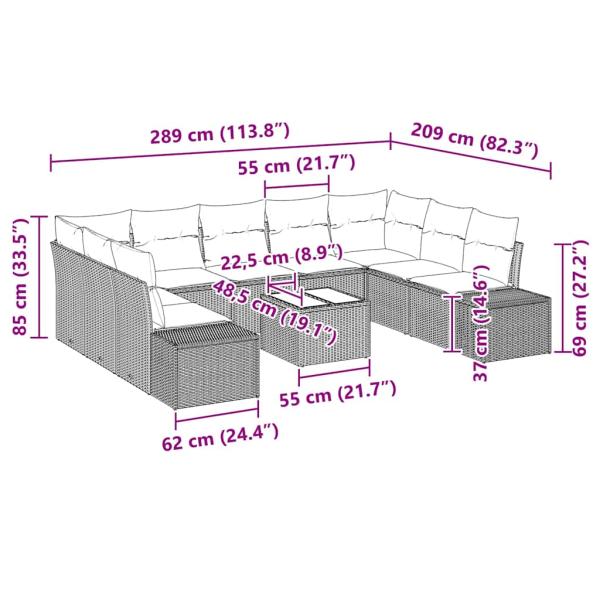 Garten Sofa Set 10-teilig Beige und Creme Rattan, Stoff