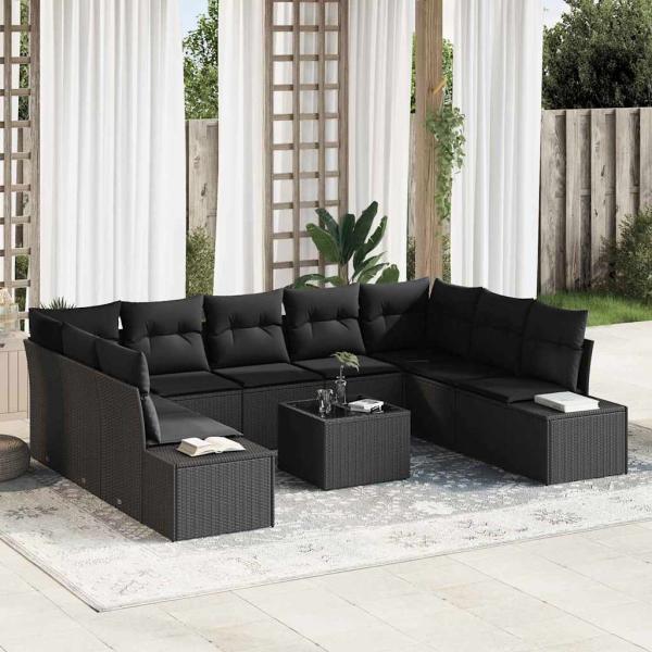 ARDEBO.de - Garten Sofa Set Set von 10 Schwarz Rattan, Polyester, Stahl