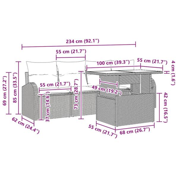Garten-Sofa-Set 5-teilig Grau Rattan, Polyester Gartentisch