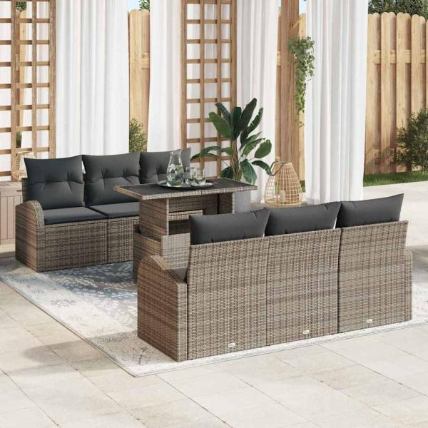 ARDEBO.de - Garten Sofa Set 7-teilig Braun, Grau Poly-Rattan, Olefin-Gewebe